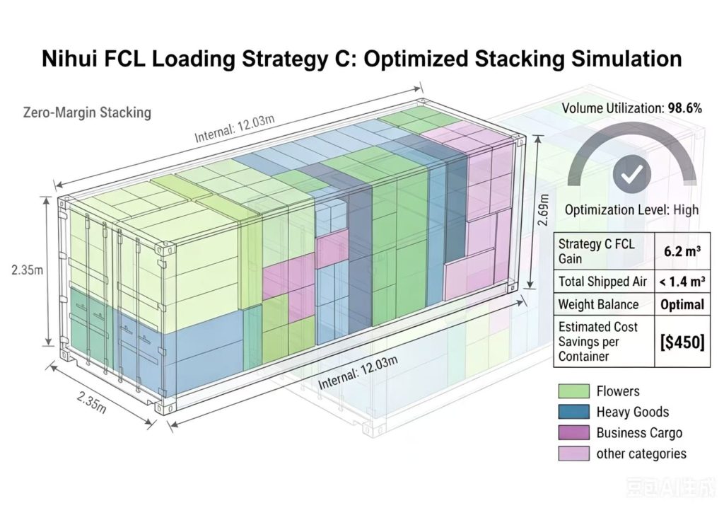 Advanced 40HQ container loading simulation software optimizing carton dimensions for volumetric artificial flowers and silk plants - YIWU NIHUI